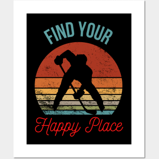 Chasing Victory: Silhouette of a Hockey Player and Retro Sunset Posters and Art